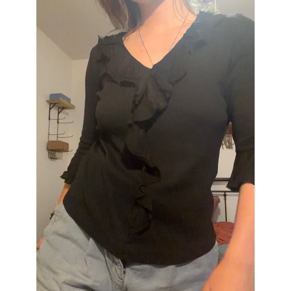 Top Ruffle‎ Barbara Lesser Women L Black Excellent V-Neck Bell Sleeve Ribbed Y2K